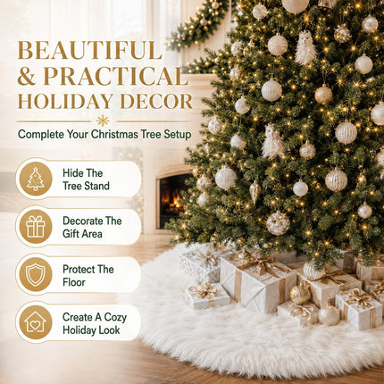 48 Inch White Faux Fur Christmas Tree Skirt, Plush Tree Base Cover for Holiday Party and Home Christmas Decor