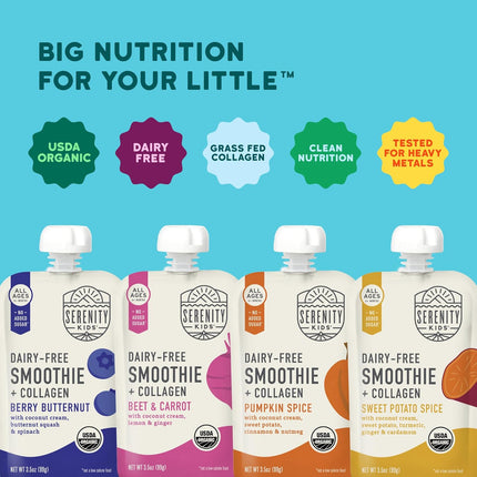 Serenity Kids 6+ Months Dairy Free Smoothie Baby Food Pouches - Protein Snack Pouches with Grass-Fed Collagen & Healthy Fats - USDA Organic Baby Food with No Added Sweeteners - 3.5 Fl Oz, Pack of 8