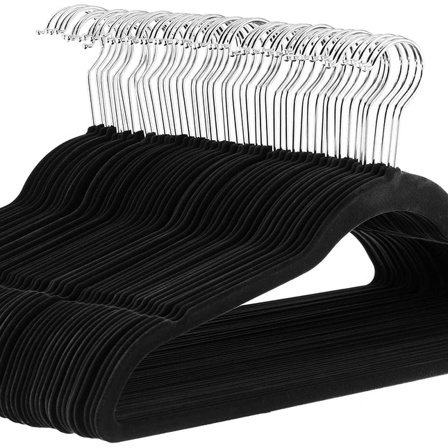 Slim Velvet Non-Slip Space Saving Suit Clothes Hangers, Closet Organizer, Black, 50-Pack