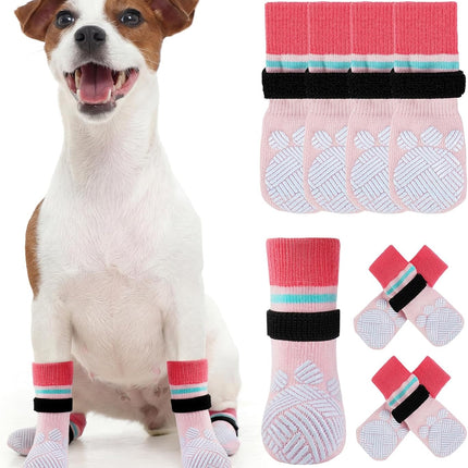 Kuoser Anti Slip Dog Socks to Prevent Licking Paws, Dog Grippy Socks for Hardwood Floors Hot Pavement, 4Pack Traction Control Booties Paw Protectors for Small Medium Large Senior Dogs, Pink S