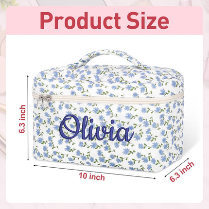 Personalized Large Quilted Makeup Bag for Women,Custom Cotton Travel Cosmetic Bag with Embroidered Name,Cute Toiletry Organizer Bag Bridesmaid Birthday Gift