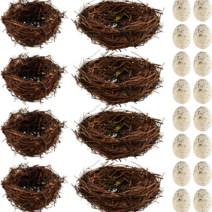 Rattan Bird Nest Set, 8 Nests with 16 Eggs (24 Pcs), Easter Spring Decor, DIY Craft Supplies for Weddings, Parties & Home Decorations