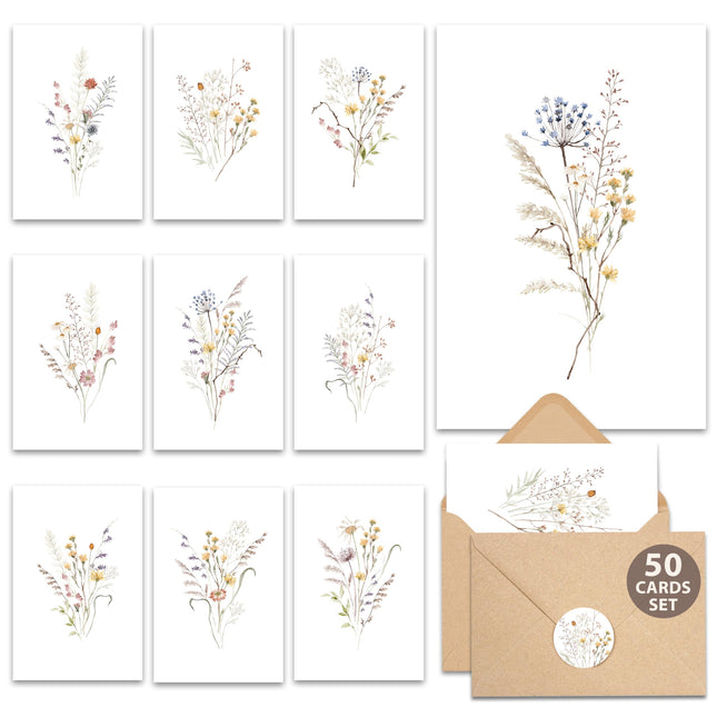 Blank Cards with Envelopes and Stickers, Wildflower 50 Pack 3.5x5