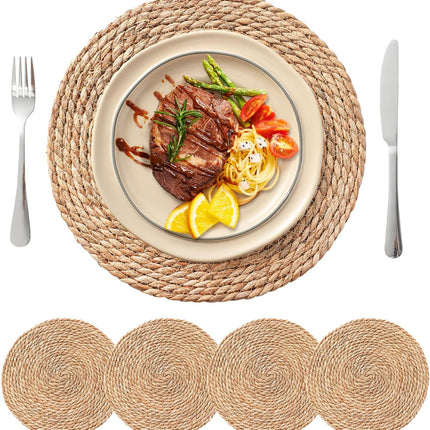 Round Woven Placemats Set of 4, 13.5'' Boho Rattan Chargers for Dinner Plates, Rustic Wicker Place Mats, Straw Braided Table Placemats, for Dining Table Decor, Wedding, Farmhouse and Outdoor