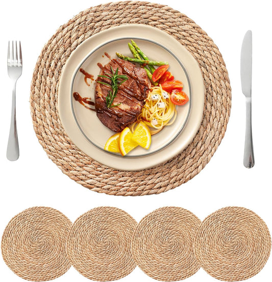 Round Woven Placemats Set of 4, 13.5'' Boho Rattan Chargers for Dinner Plates, Rustic Wicker Place Mats, Straw Braided
