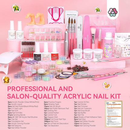 SAVILAND Acrylic Nail Kit with U V Light: HEMA & MMA Free Acrylic Set with Nail Drill Clear White Pink Acrylic Powder, 3 Colors Gel Nail Polish, Complete Manicure Tools for Acrylic Nail Home Salon Use
