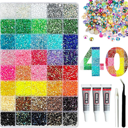 36000Pcs Resin Jelly Rhinestones for Bedazzling,40 Colors 3mm Flatback Gems Bedazzling Kit with 3Pcs 10ml B7000 Glue for Clothing Nail Art Shoes Crafting Makeup (40 Colors+3 Pcs Glue)