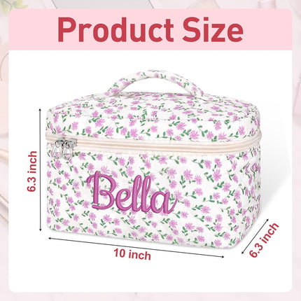Personalized Large Quilted Makeup Bag for Women,Custom Cotton Travel Cosmetic Bag with Embroidered Name,Cute Toiletry Organizer Bag Bridesmaid Birthday Gift