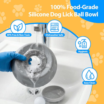 Homgaty Slow Feeder Dog Bowls for Liquid Treat, Dog Lick Bowl for Anxiety Relief & Fast Eaters, Anti-Slip Ball-in Bone Broth, 5/6 Cup Pup Lick Toy for Peanut Butter Large Medium Small Pet Cats Gray