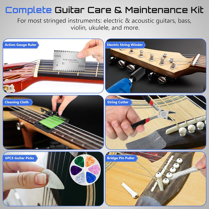 Guitar Tool Set, Rechargeable 200RPM Electric String Winder with LED, String Cutter, Action Gauge Ruler, Bridge Pin Puller, 10 Screwdriver Bits, 6 Guitar Picks & Cleaning Cloth