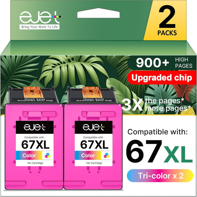 67XL Ink Cartridge (2 Tri-Color) Compatible for HP Ink 67