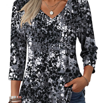 3/4 Length Sleeve Womens Tops V Neck Pleated Boho Floral Blouses
