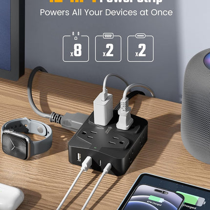 35W Fast Charging Power Strip, SUPERDANNY 6ft Flat Plug Extension Cord (13A/1625W) with 8 Wide Outlets & 4 USB Ports, Wall Mountable, 1050J Surge Protector Charging Station for Home Office Dorm