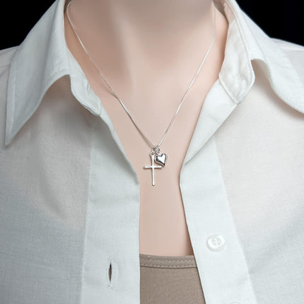 Alexandreasjewels Sterling Silver Cross Necklace for Girls, Sterling Silver Cross with Puffed Heart Charm, First Communion Gift Necklace for Daughter, Goddaughter Gift Necklace