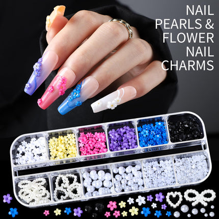 Nail Charms Nail Gems with 15 Sheets Gold Nail Stickers, 6 Boxes of Rhinestones for Nails Art Tools, 3D Nail Decals Pearls for Nails