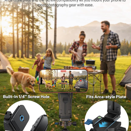 OMOTON TP02-Pro Magnetic Phone Holder for Vlogging, Content Creator Essentials with 1/4" Screw, Arca, Strong Back Magnet for Gym, Adjustable Phone Stand & Selfie Stick for iPhone 12-17 Series, Black