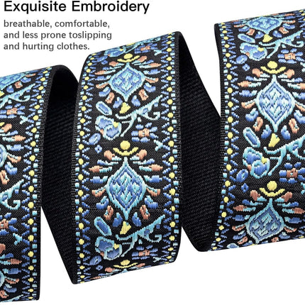 Jacquard Embroidered Guitar Strap, Genuine Cowhide Leather Ends, Adjustable for Bass Electric Acoustic
