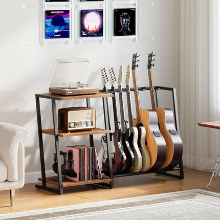 Guitar Stand, 3-Tier Guitar Rack with Adjustable Shelf for Record Player, Multi-Function Guitar Holder, Suitable for Acoustic, Electric, Bass, 5-6 Instruments, Rustic Brown and Black
