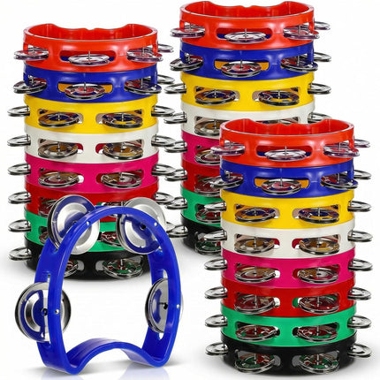 24 PCS Tamborines Musical Instrument Noise Makers, Plastic Percussion Tambourine with 4 Bells, Handheld Percussion Drum Tambourine, 8 Colors Tambourines