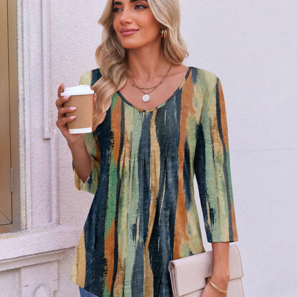 3/4 Length Sleeve Womens Tops V Neck Blouses Pleated Casual Shirts