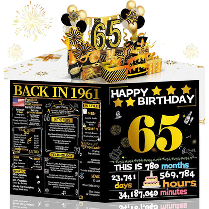 Joycard 65th Birthday Card for Women Men, 3D Pop Up Happy Birthday Gift for Mother Dad, Funny 65 Year Old Birthday Decorations for Wife Husband, Back in 1961 Laser Gold Retro Theme