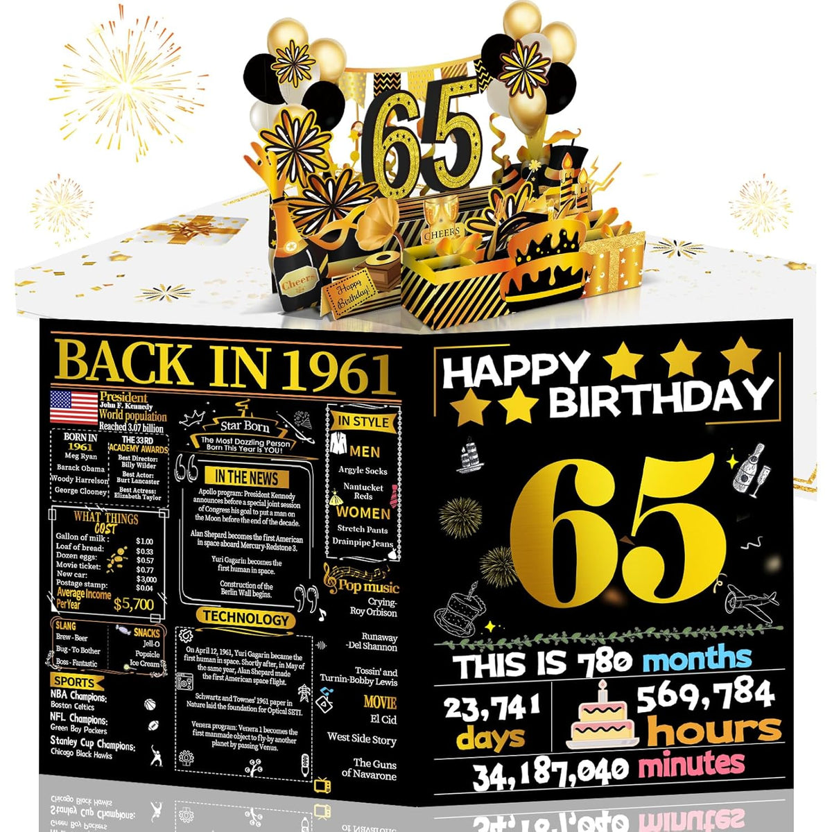 65th Birthday 3D Pop Up Card with Gold Retro 1961 Theme
