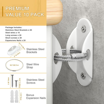 Booda Brand Furniture Anchors (10 Pack) for Baby Proofing, Furniture Straps Anti Tip Furniture Anchor Securing 400 lbs/Keep Baby Pet Safety from Falling Furniture, Metal White Earthquake Straps