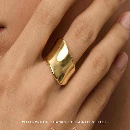Anillo de Declaración Grueso Bañado en Oro de 14K para Mujer | Anillos Apilables Anchos de Acero Inoxidable