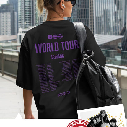 Purple Arirang World Tour Shirt - K-Pop Idol Portrait Graphic Tee - South Korean Boy Band Concert Dates Fan Souvenir Tee