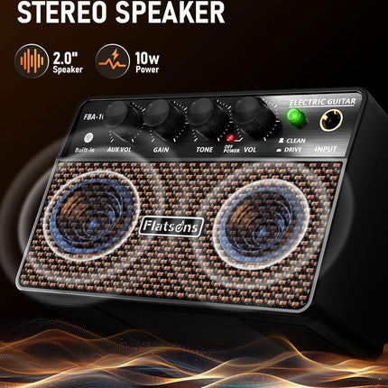 Flatsons FBA-10 Guitar Amp, 10W Mini Electric Guitar Amplifier with Clean/Drive Channel, 6H Working, USB-C Rechargeable, 3.5mm Headphone/AUX Jack, Wireless Portable Amp for Indoor Practice, Traveling