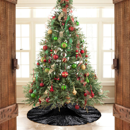 Black Christmas Tree Skirt, 36 Inch Sequin Tree Skirt