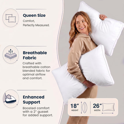 Almohada de cama con gusset, almohadas de hotel tamaño Queen, set de 2, blancas