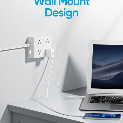 Surge Protector Power Strip, Olcorife Ultra Thin Flat Plug Extension Cord 5ft, 8 Outlets 4 USB Ports(1 USB C), Flat Wall Plug Outlet Extender, College Dorm Room Essentials, White