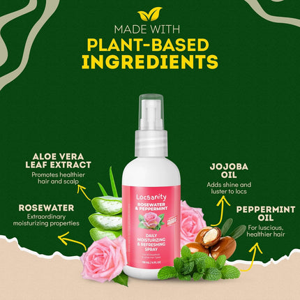 Loc Spray - Locsanity Daily Moisturizing Rosewater & Peppermint Spray for Locs, Dreadlocks - Lightweight Frizz Control Hair & Scalp Moisturizer - Natural Loc Care (4 fl oz)