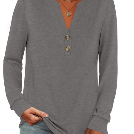 Camisas de otoño para mujer, top Henley de manga larga, blusa casual elegante