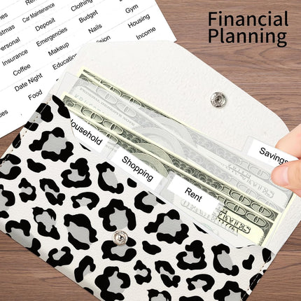 PU Leather Cash Envelopes Wallet, Reusable Money Savin Wallet, Cute Budget Envelope with 4 Dividers & 1 Sheets Budget Labels White Black Leopard