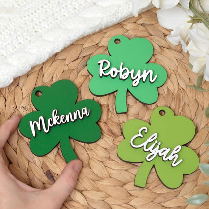 St Patrick's Day Child Basket Tag, Children Keepsake, Clover-Shaped Wooden Name Tag