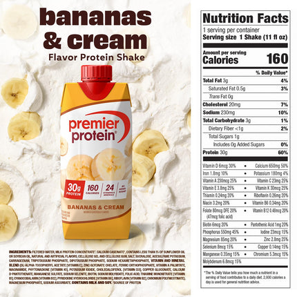 Premier Protein Shake, Bananas & Cream, 30g Protein, No Added Sugar, 24 Vitamins & Minerals to Support Immune Health, 11 fl oz, 4 Pack (Packaging May Vary)