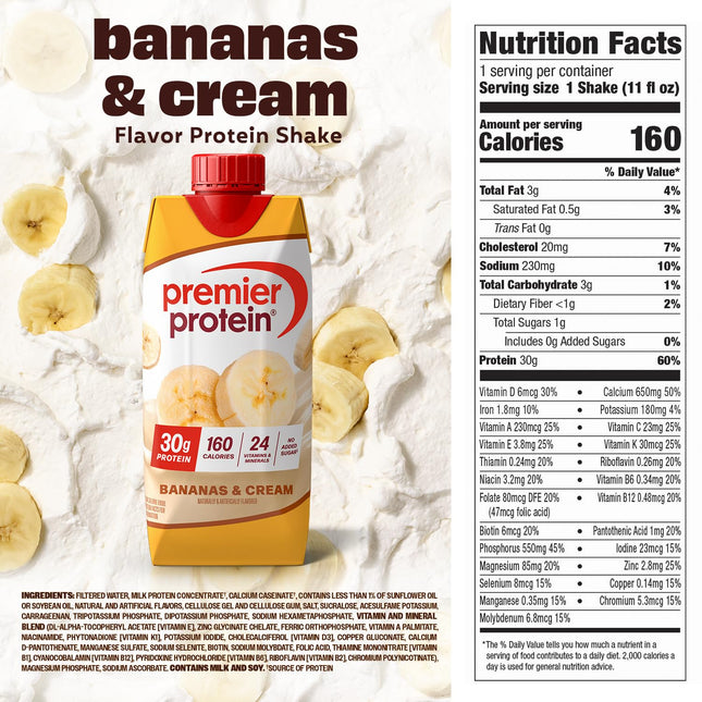 Shake, Bananas & Cream, 30g Protein, No Added Sugar, 24 Vitamins & Minerals to Support Immune Health, 11 fl oz, 4 Pack (Packaging May Vary)
