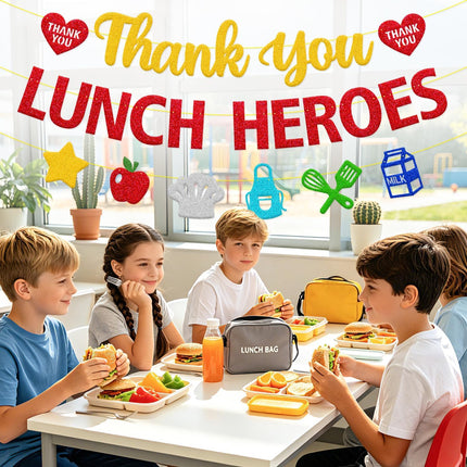 Thank You Lunch Heroes Banner, School Lunch Hero Day Decorations for Ladies, Cafeteria Staff & Cook Teacher, Classroom Nutrition Recognition Decor, Thank You for Serving Our Food Sign