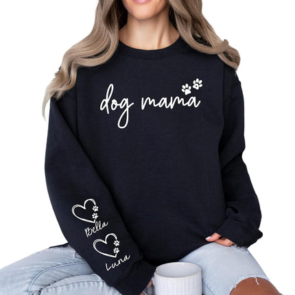 Custom Dog Mom Sweatshirt with Pet Name & Heart on Sleeve, Personalized Dog Mama Hoodie or Crewneck, Cute Women’s Sweatshirt for Pet Lovers