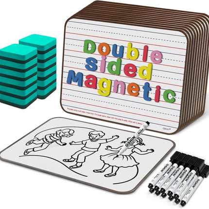 12 Pack Small White Boards, 9"x12" Double Sided Magnetic Dry Erase Boards Personal Handheld Whiteboards with Lines for Kids, Students, Teacher School, Include 12 Markers, 12 Erasers, 12X52 Pcs Letters