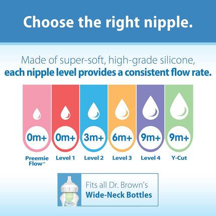 Dr. Brown’s Natural Flow Level 1, Wide-Neck Baby Bottle Nipple, Slow Flow, 100% Silicone, 2 Pack, 0m+