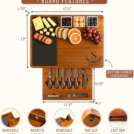 Personalized Acacia Wood Charcuterie Board Set with Stainless Steel Knives – Custom Cheese Board for Wedding, Anniversary, New Mom, Engagement, Housewarming, Bridal Shower, Women, Mother’s Day Gifts