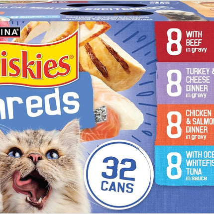 Purina Friskies Gravy Wet Cat Food Variety Pack, Savory Shreds With Beef, Turkey and Cheese Dinner, Chicken and Salmon Dinner, With Ocean Whitefish and Tuna - (Pack of 32) 5.5 oz. Cans