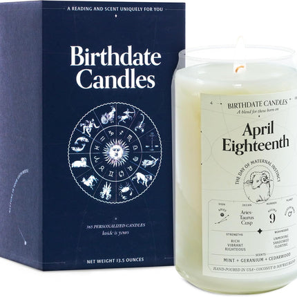 Birthdate Candles, April 18 - Aries Zodiac Scented Candles Birthday Gift - Mint, Geranium & Cedarwood Scent - All-Natural Soy & Coconut Wax, 60-80 Hour Burn Time - Made in USA