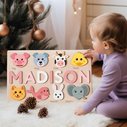 Zuzu Puzzle Personalized Name Puzzle for Toddlers 1-3 with Animals, Handmade Learning Toy, CPC Certified, Keepsake Nursery Decor, for 1st Birthday