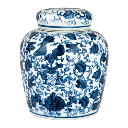 Small Decorative Ceramic Ginger Jar with Lid, Blue and White Floral Pattern