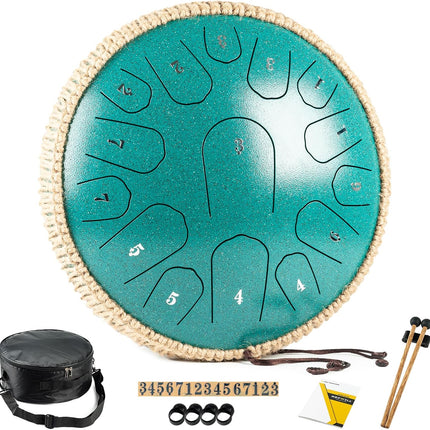 HOPWELL Steel Tongue Drum - 13 Inches 15 Notes Tongue Drum - Hand Pan Drum with Music Book, Handpan Drums Mallets and Carry Bag, D Major (Malachite Green)