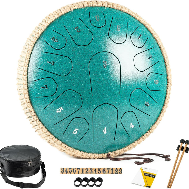 Steel Tongue Drum - 13 Inches 15 Notes Tongue Drum - Hand Pan Drum with Music Book, Handpan Drums Mallets and Carry